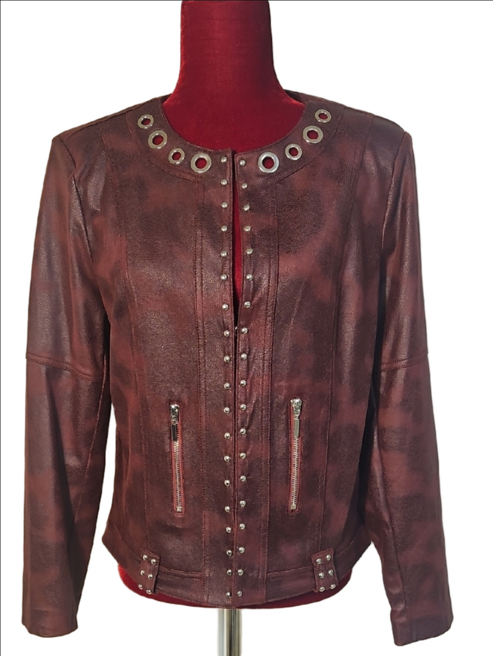 Burgundy Faux Suede Grommet Crop Jacket Size 10